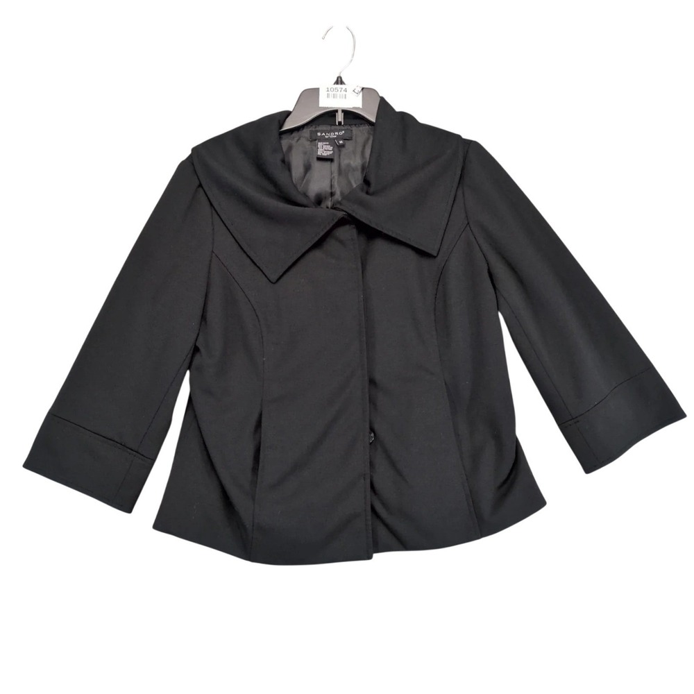 Sandro Black Cropped Jacket Womens M Oversized Collar 3/4-Sleeve Chic Minimalist